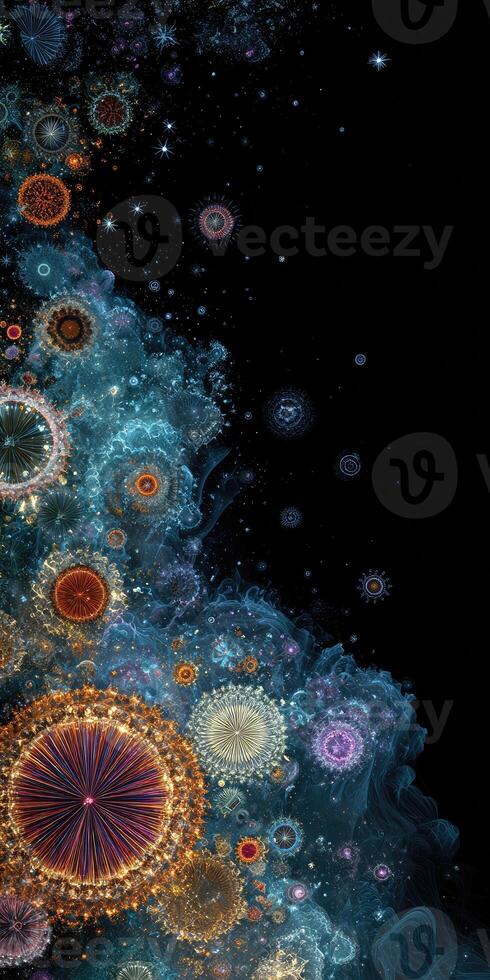 A fractal artwork showcasing a cosmic scene, detailed with intricate circular and nebula-like shapes photo