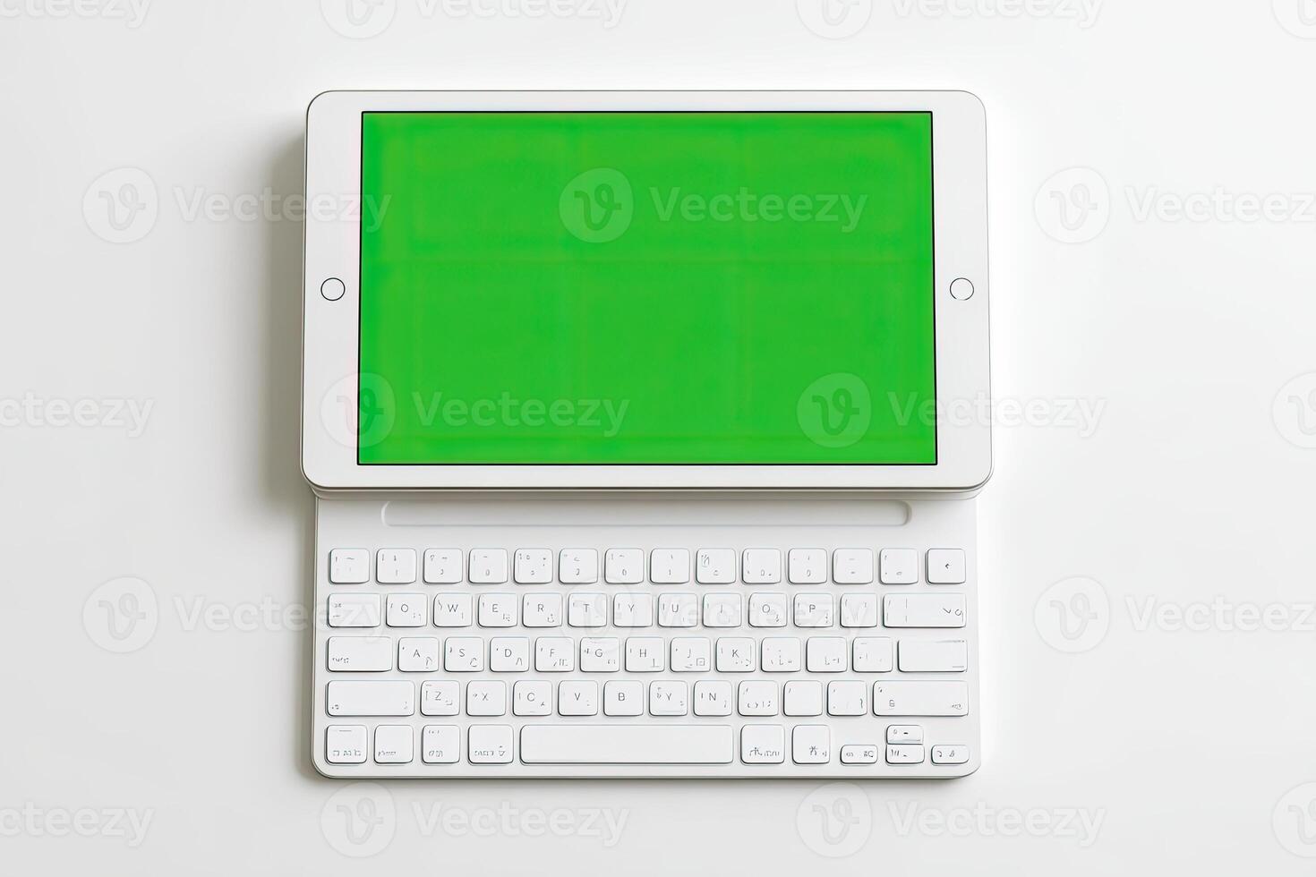 White tablet with a green screen and attached keyboard, top-down view on a white surface photo