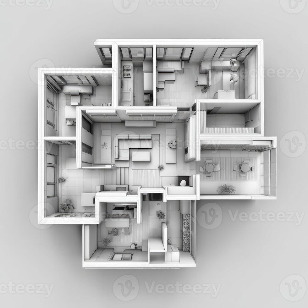 Top-down view of a modern apartment layout. Open concept, multiple rooms photo