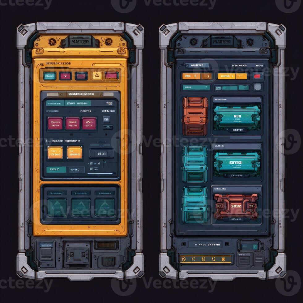 Two vertically oriented panels, resembling futuristic control panels or interface screens, showcasing a grid-based layout of controls and compartments. Panels feature a mix of yellow, orange, teal, and dark gray tones with metallic accents. Visible cont photo