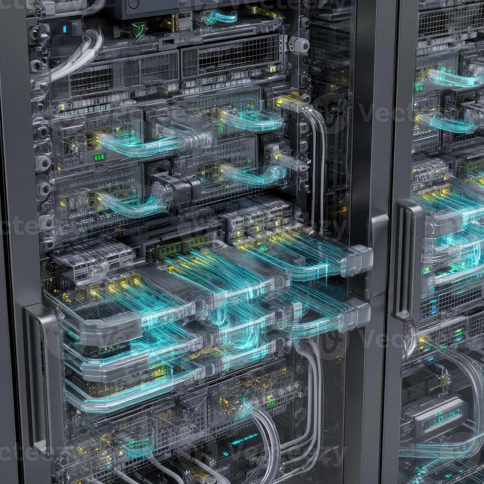 Detailed view of server racks, showing intricate wiring and components. Network cables, circuit boards, and cooling systems are visible photo