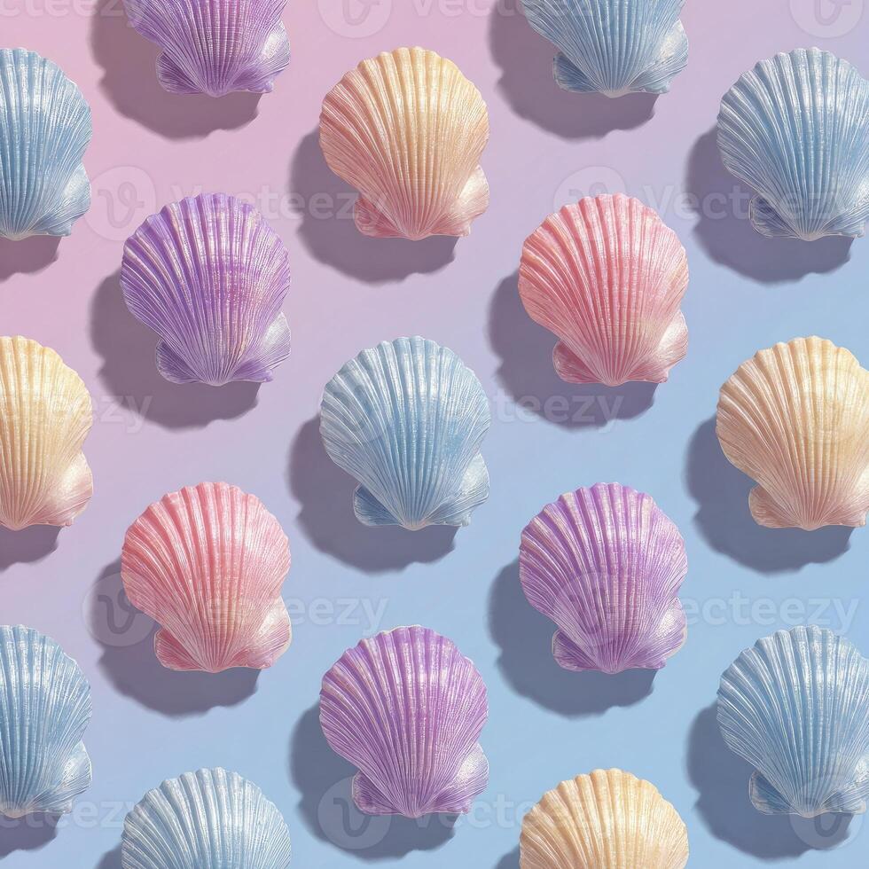 Array of pastel-colored seashell sculptures with long shadows on a gradient background photo