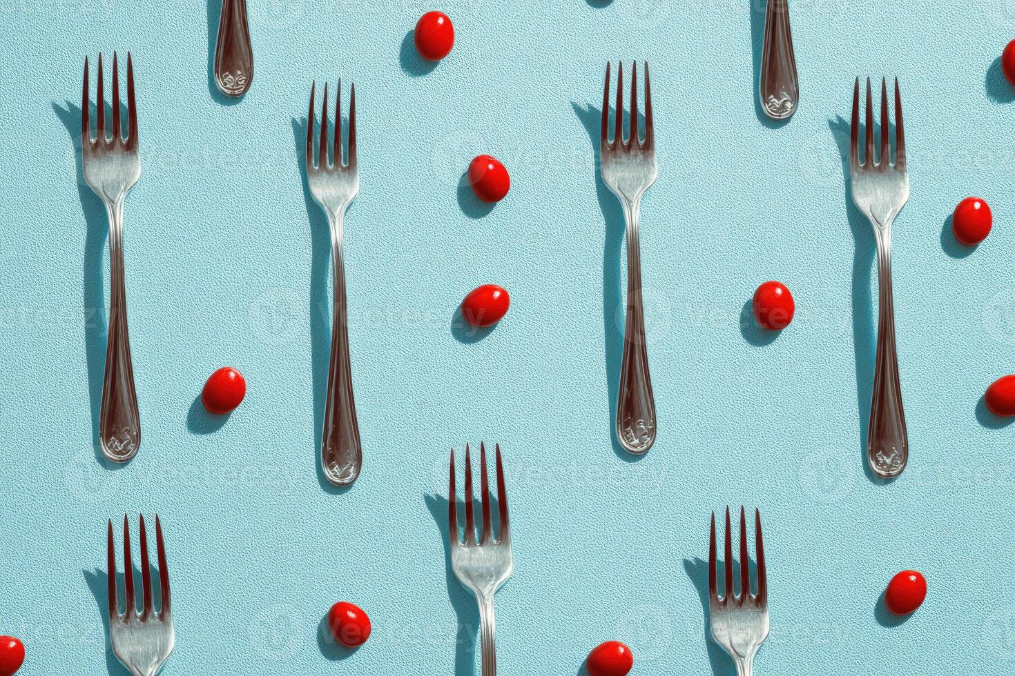 Overhead pattern of silver forks and scattered red, oval-shaped objects on a light blue surface photo