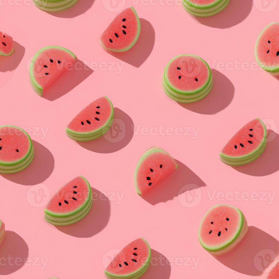 Array of whimsical watermelon slices with shadows on a pink background photo