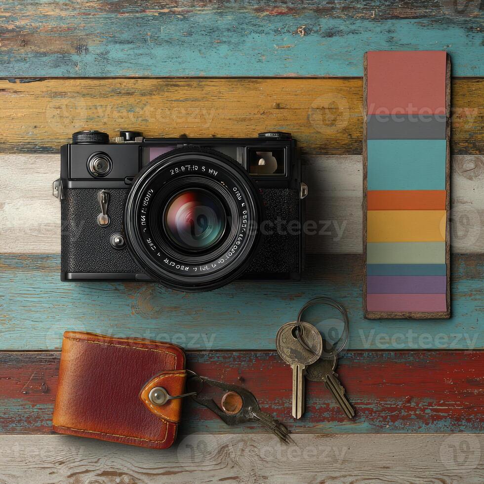 Still life camera, color swatch, keys, and wallet on a weathered, multicolored wood surface photo