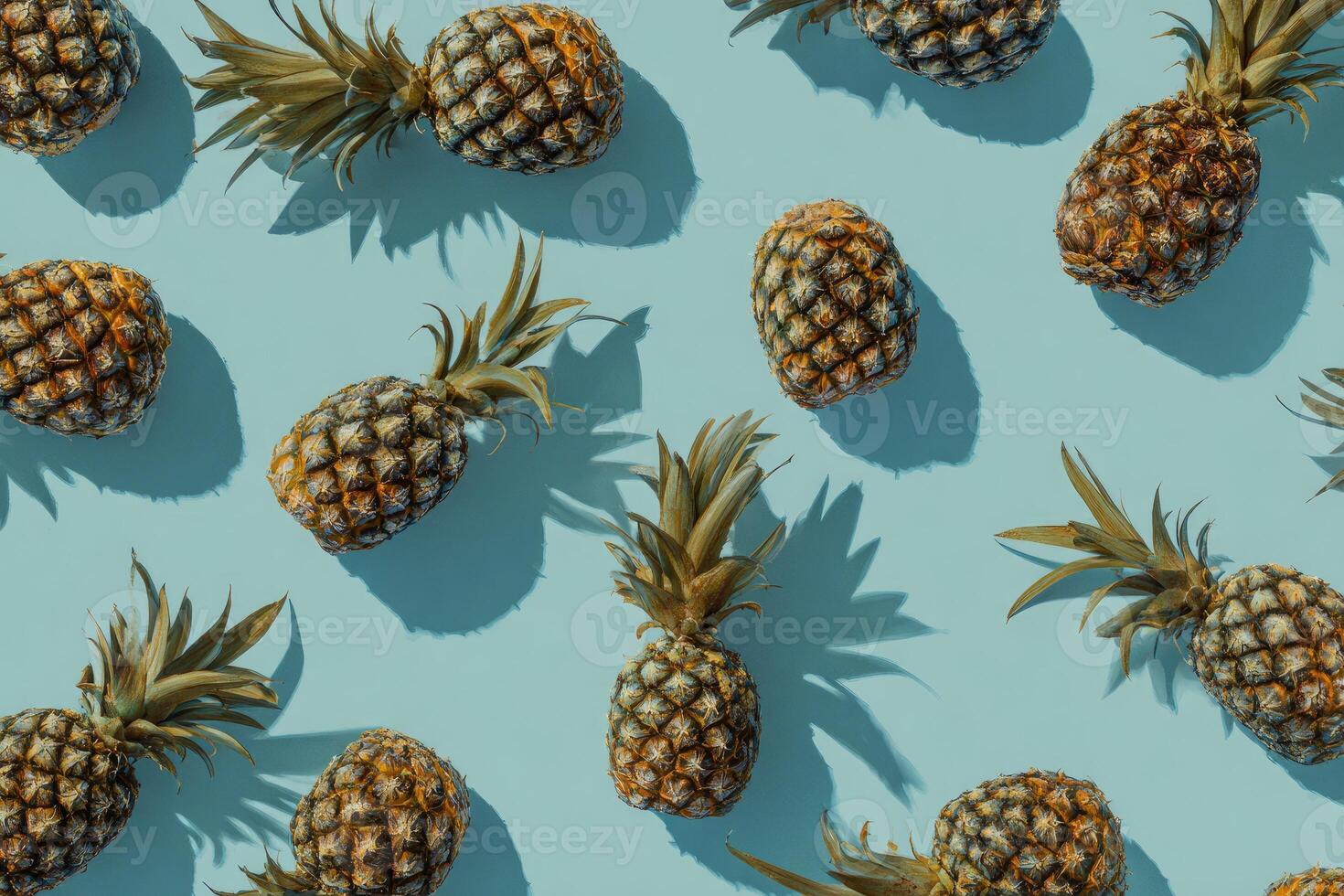 A repeating pattern of pineapples, casting strong shadows on a light blue surface photo