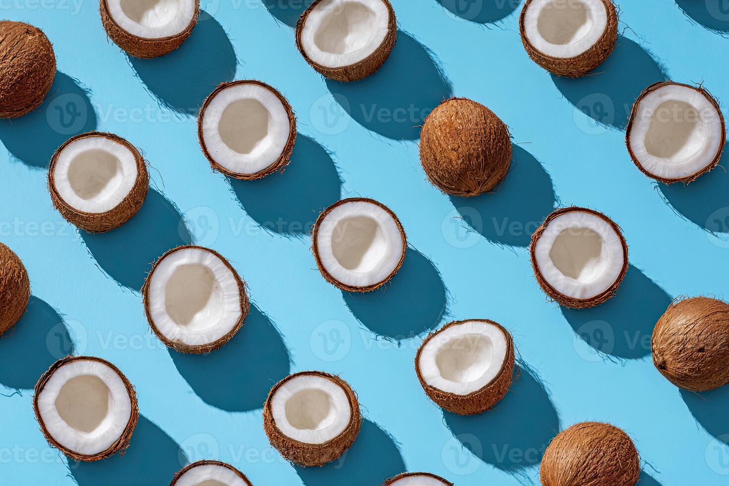Overhead view showcases halved and whole coconuts arranged in a diagonal pattern on blue photo
