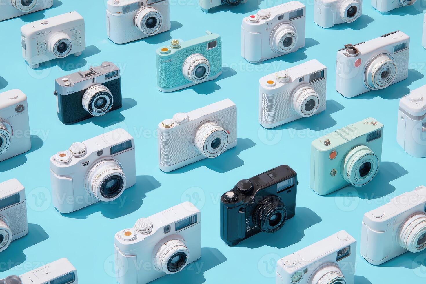Assorted digital cameras arranged in a grid against a light blue backdrop, casting shadows photo