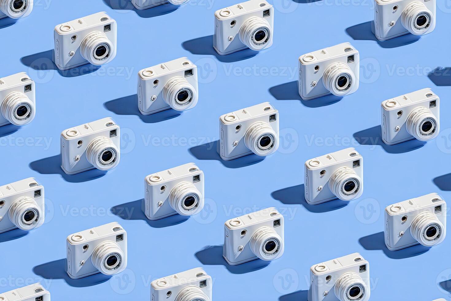Repeated white cameras arranged in a grid pattern, casting shadows on a light blue surface photo