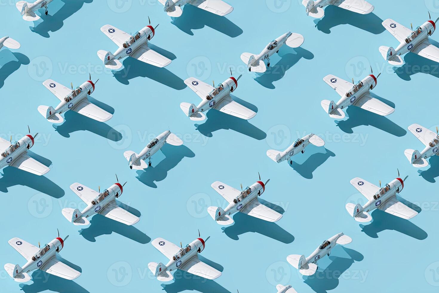 Isometric pattern of small, propeller-driven aircraft casting shadows on a light-blue background photo