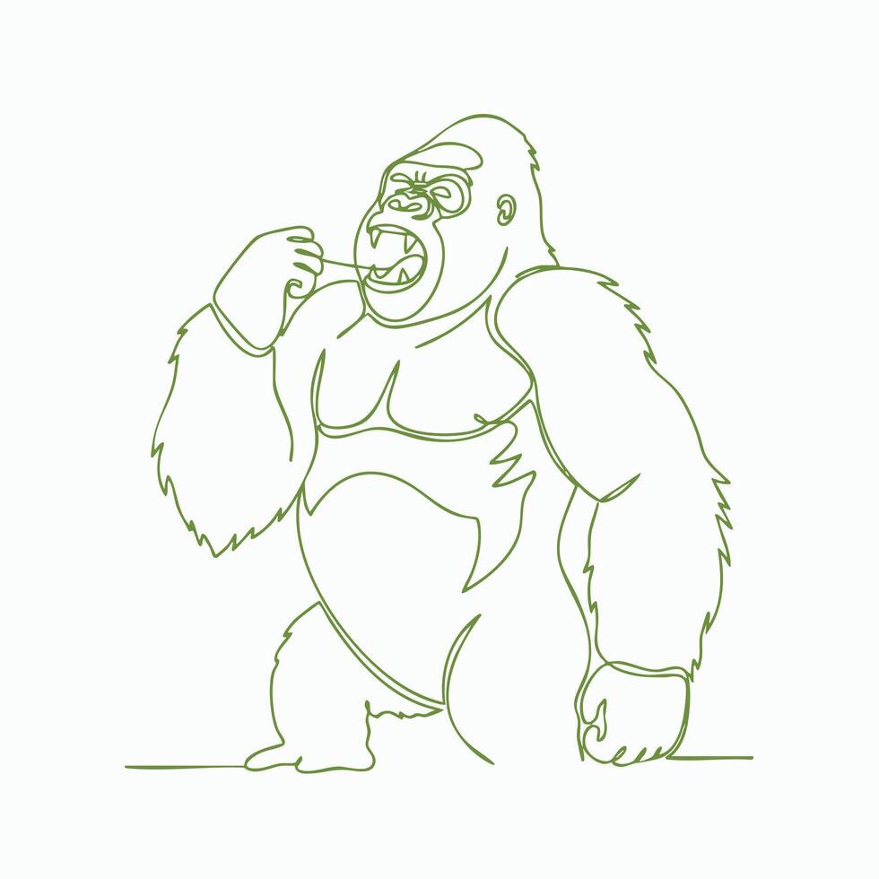 A stylized line drawing of a large, muscular gorilla with an aggressive expression, holding a stick in its mouth, emphasizing strength and wild nature vector