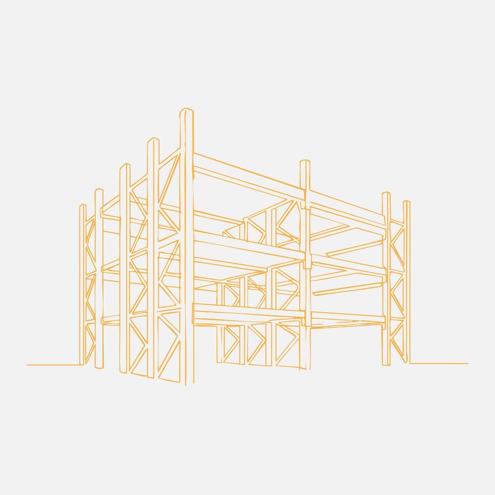 Structural framework of a multi-level building under construction with orange outlines on a light vector