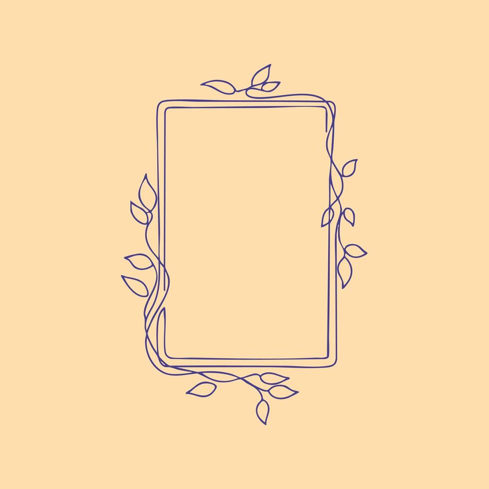 Minimalist outline of a rectangular frame intertwined with delicate vine leaves on a soft pastel vector