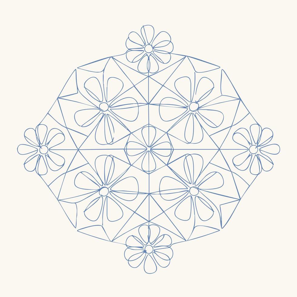 Intricate symmetrical geometric pattern featuring floral motifs and star-like shapes in a delicate line design vector