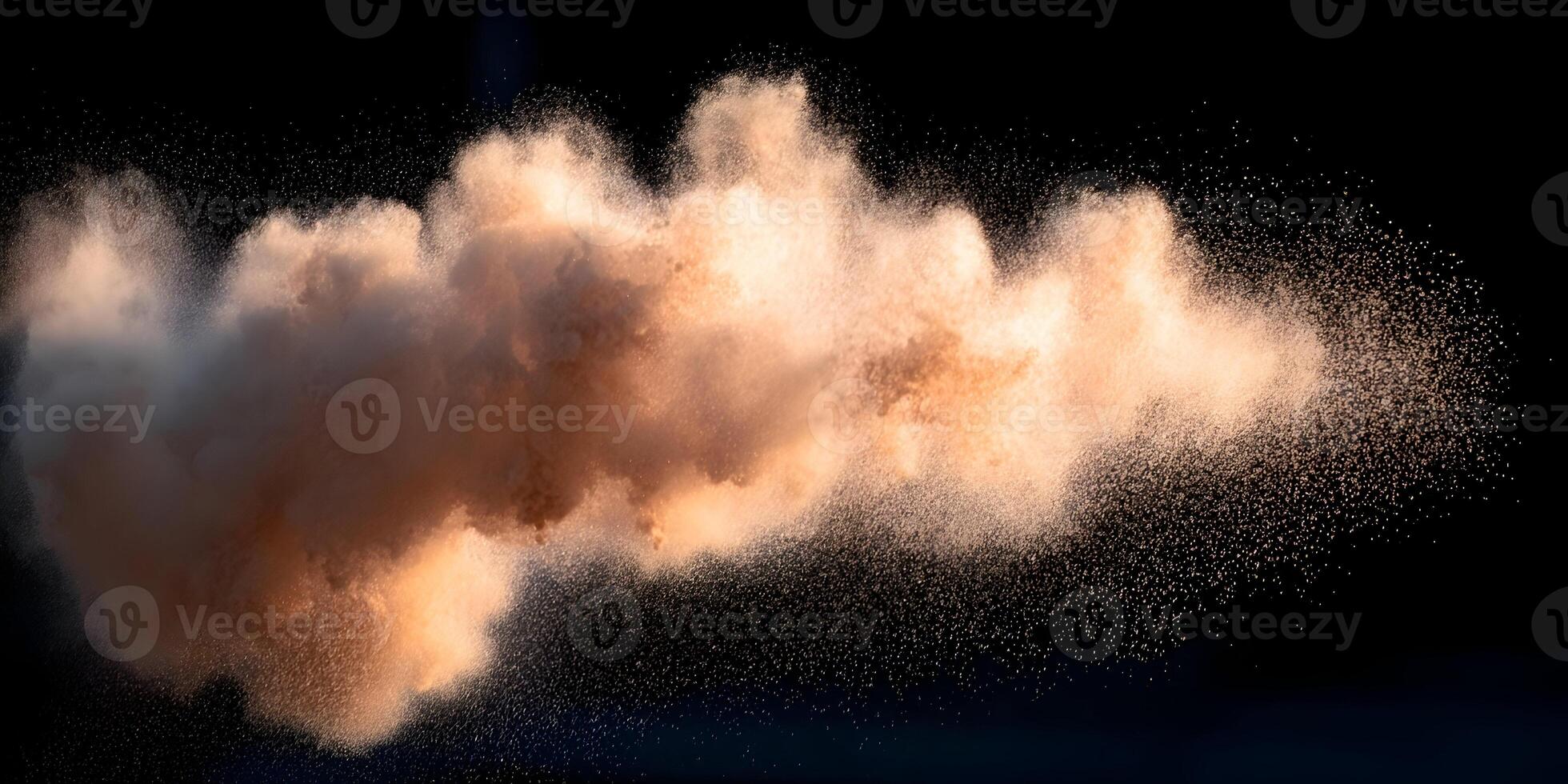 A dramatic burst of orange and brown powder creates an abstract cloud of particles against a dark background photo