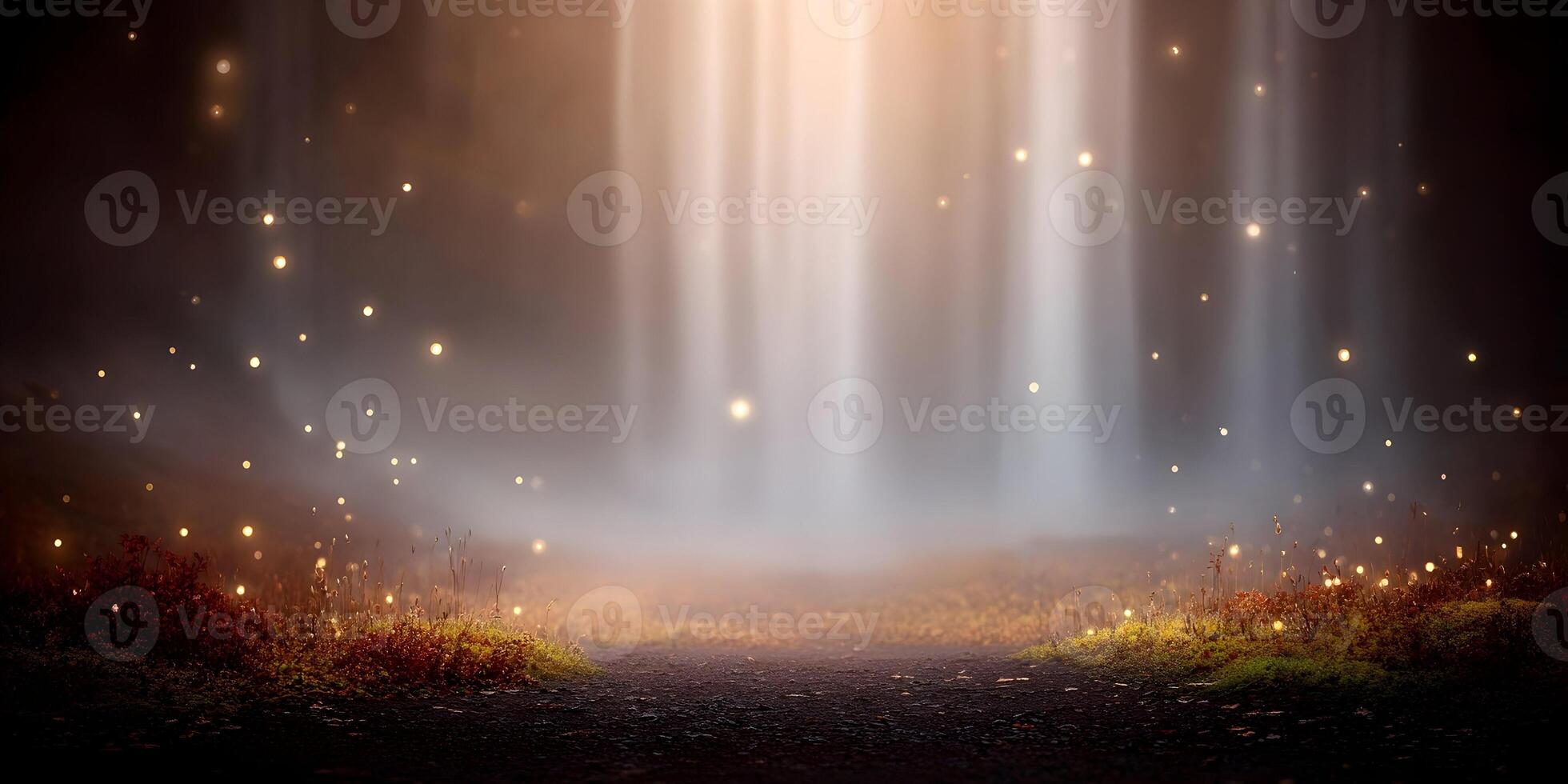 Magical forest ground with soft light rays and sparkling particles creating an ethereal fantasy atmosphere photo