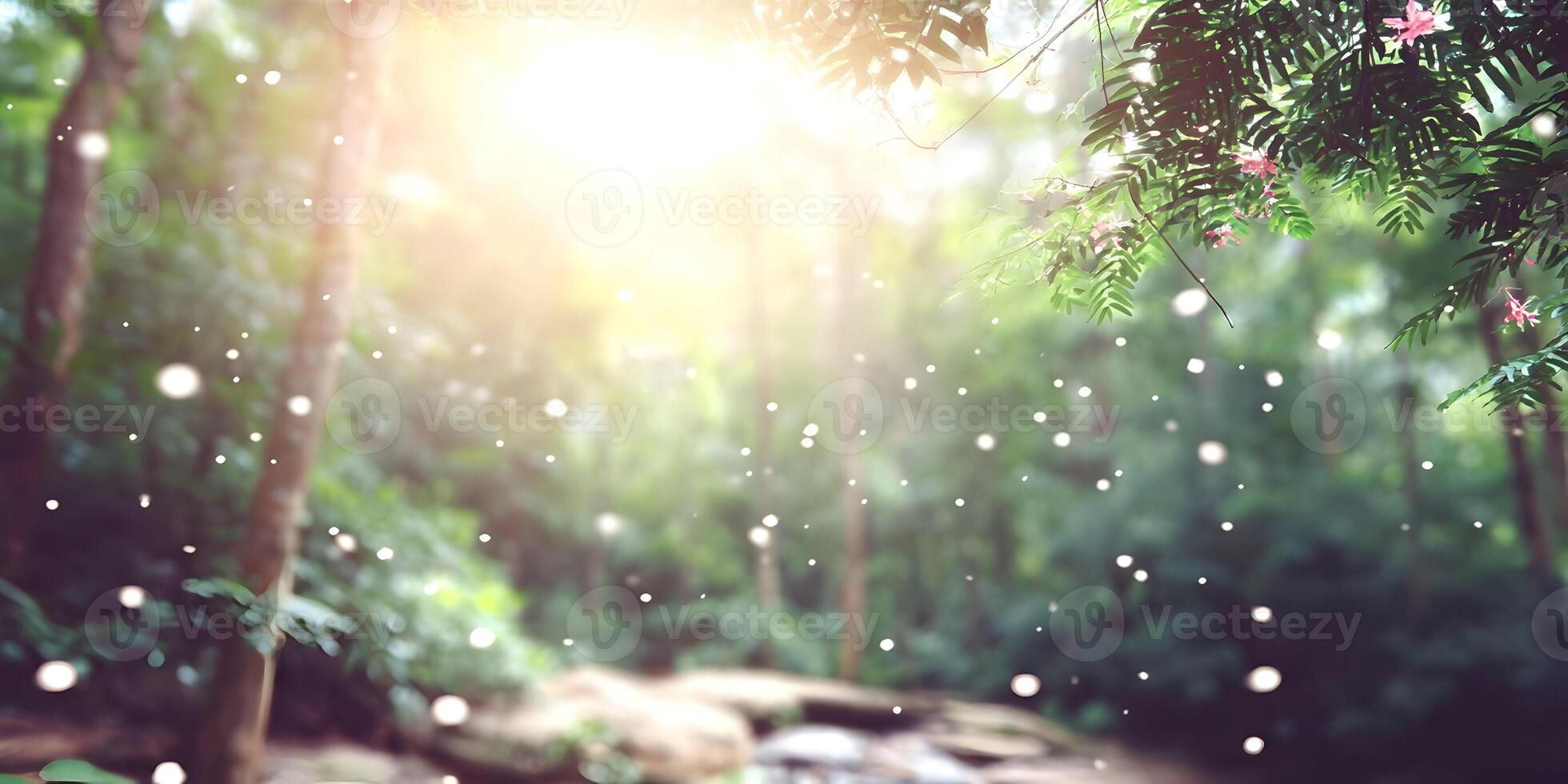 Sunlight streams through a tranquil forest with sparkling bokeh and vibrant green trees photo