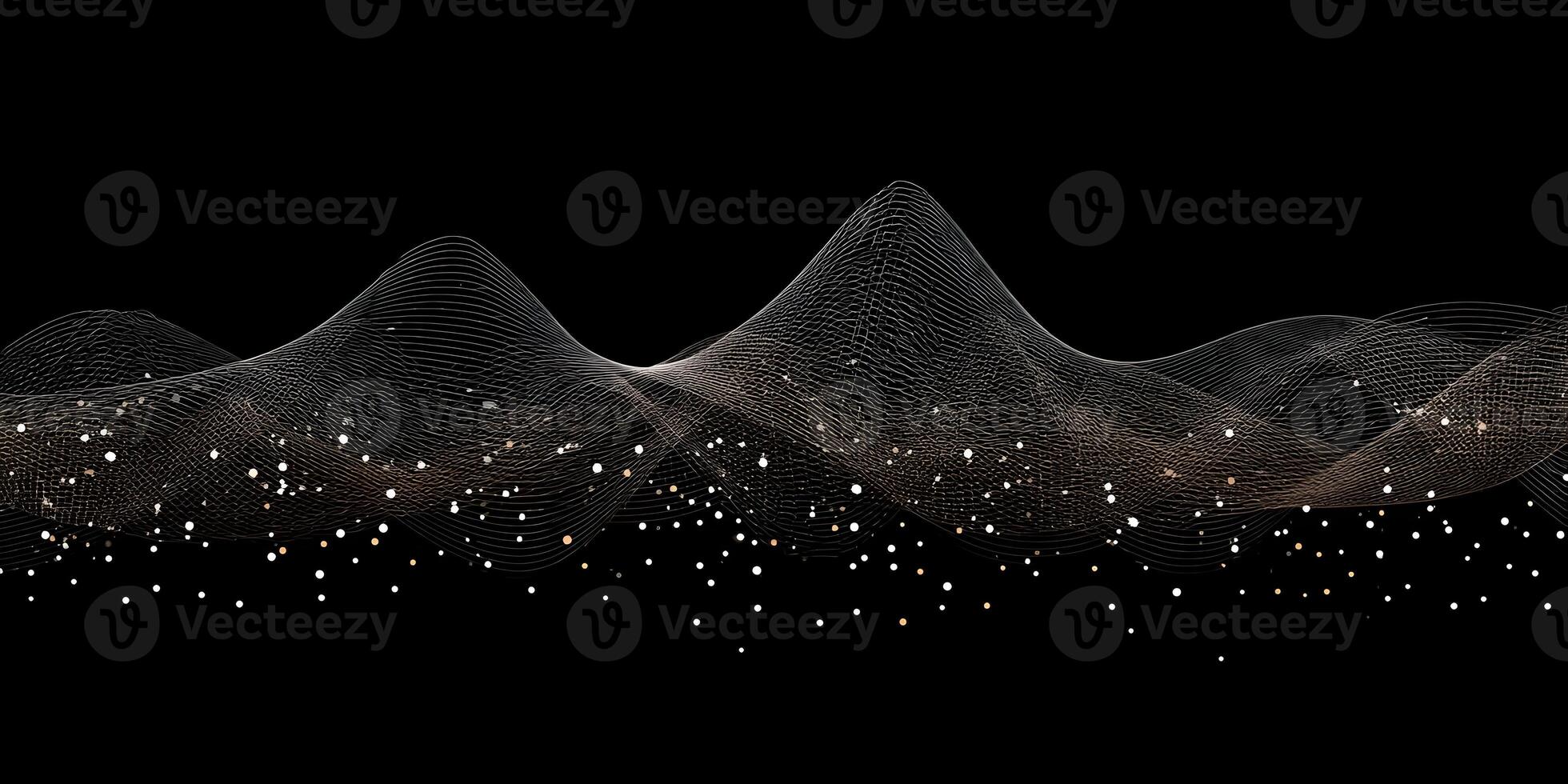 Abstract wavy mesh lines with sparkling golden and white particles on a black backdrop photo