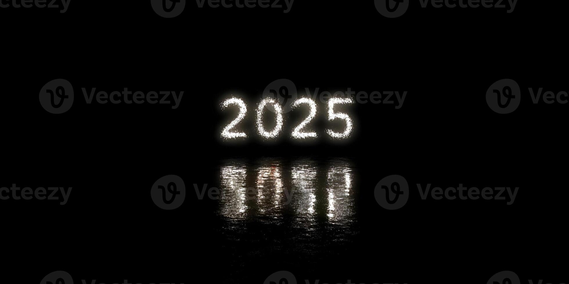 The year 2025 is displayed in bright sparkling particles reflecting on a dark wet surface photo