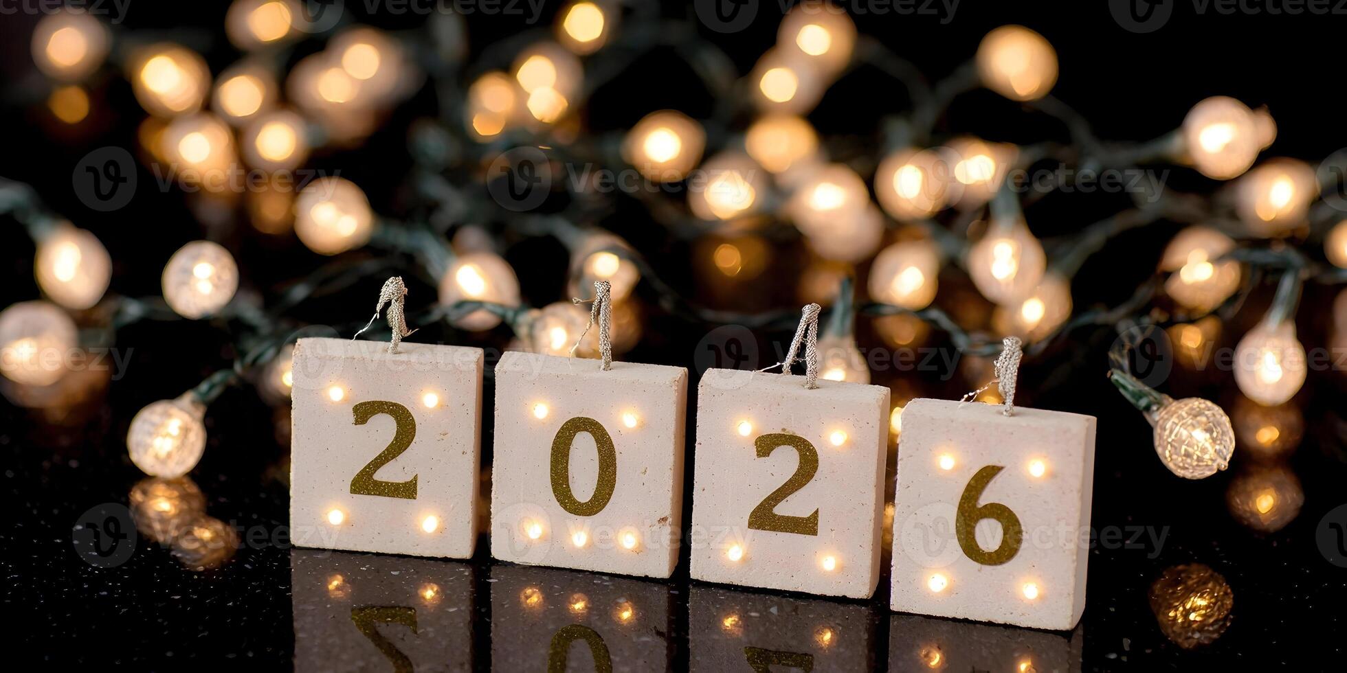 Illuminated blocks spell out the year 2026 on a dark reflective surface with blurred string lights in the background photo