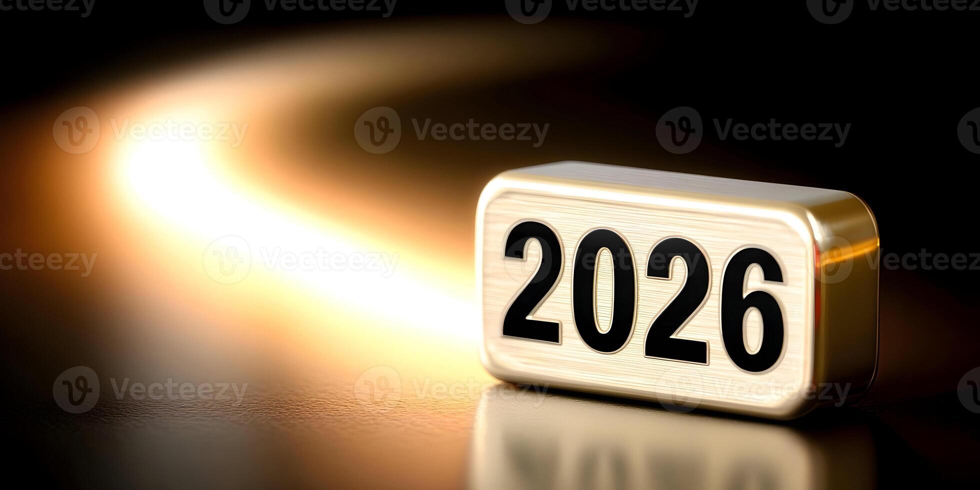 A golden block displaying the year 2026 sits on a reflective surface with a bright glowing path leading towards it symbolizing future progress photo