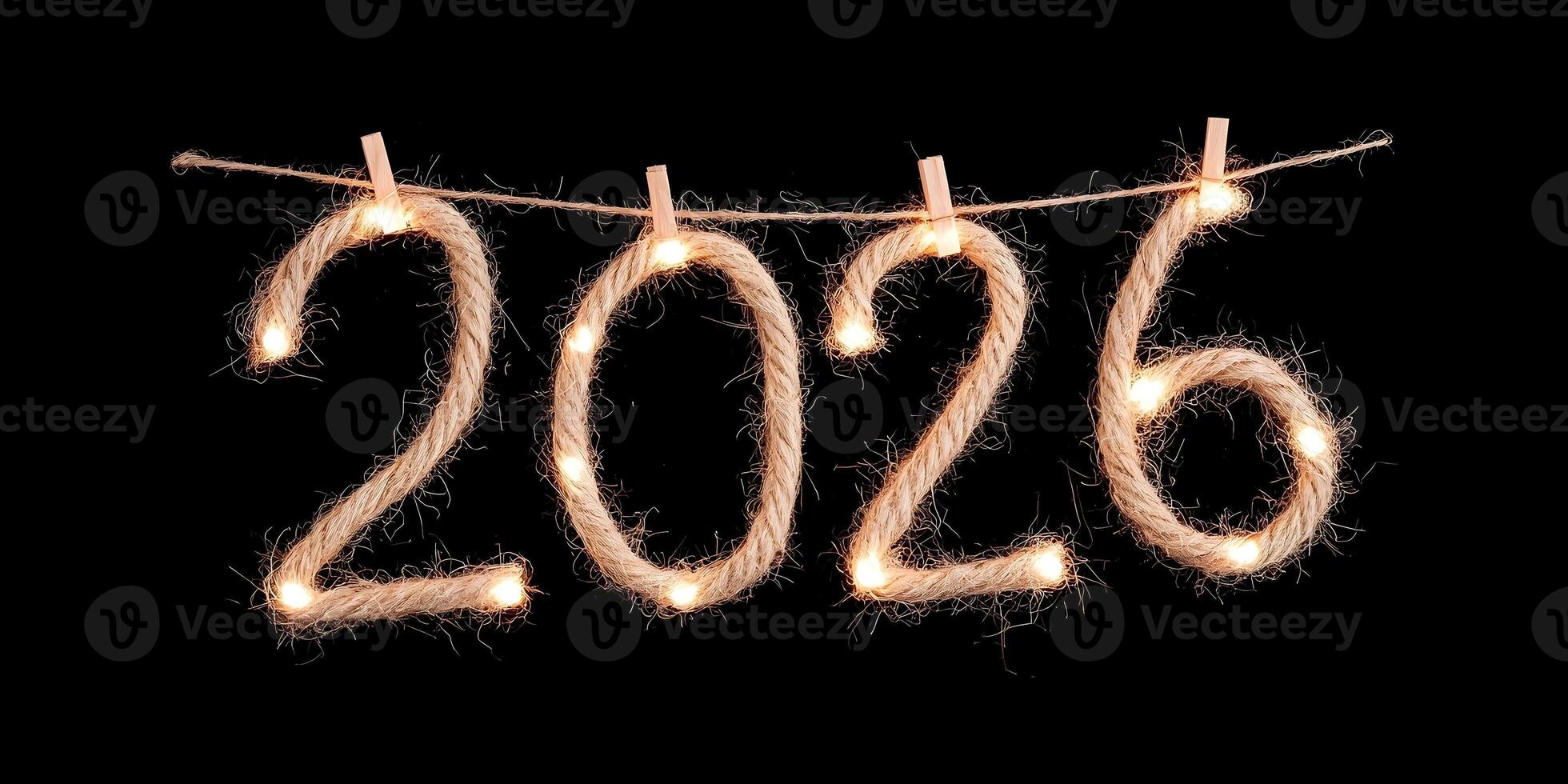 The year 2026 is crafted from illuminated natural rope with festive lights and hangs on a string against a black background photo