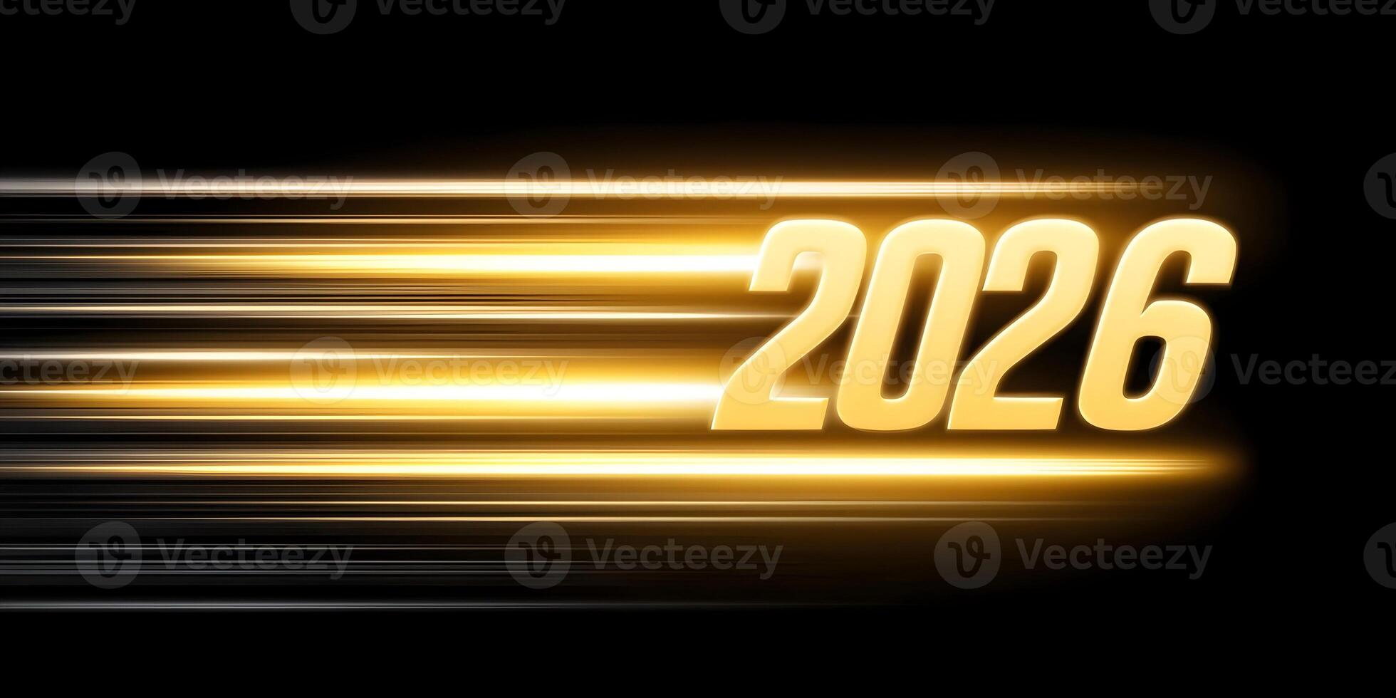 The year 2026 is displayed in golden text with speed light trails on a dark background creating a dynamic effect photo