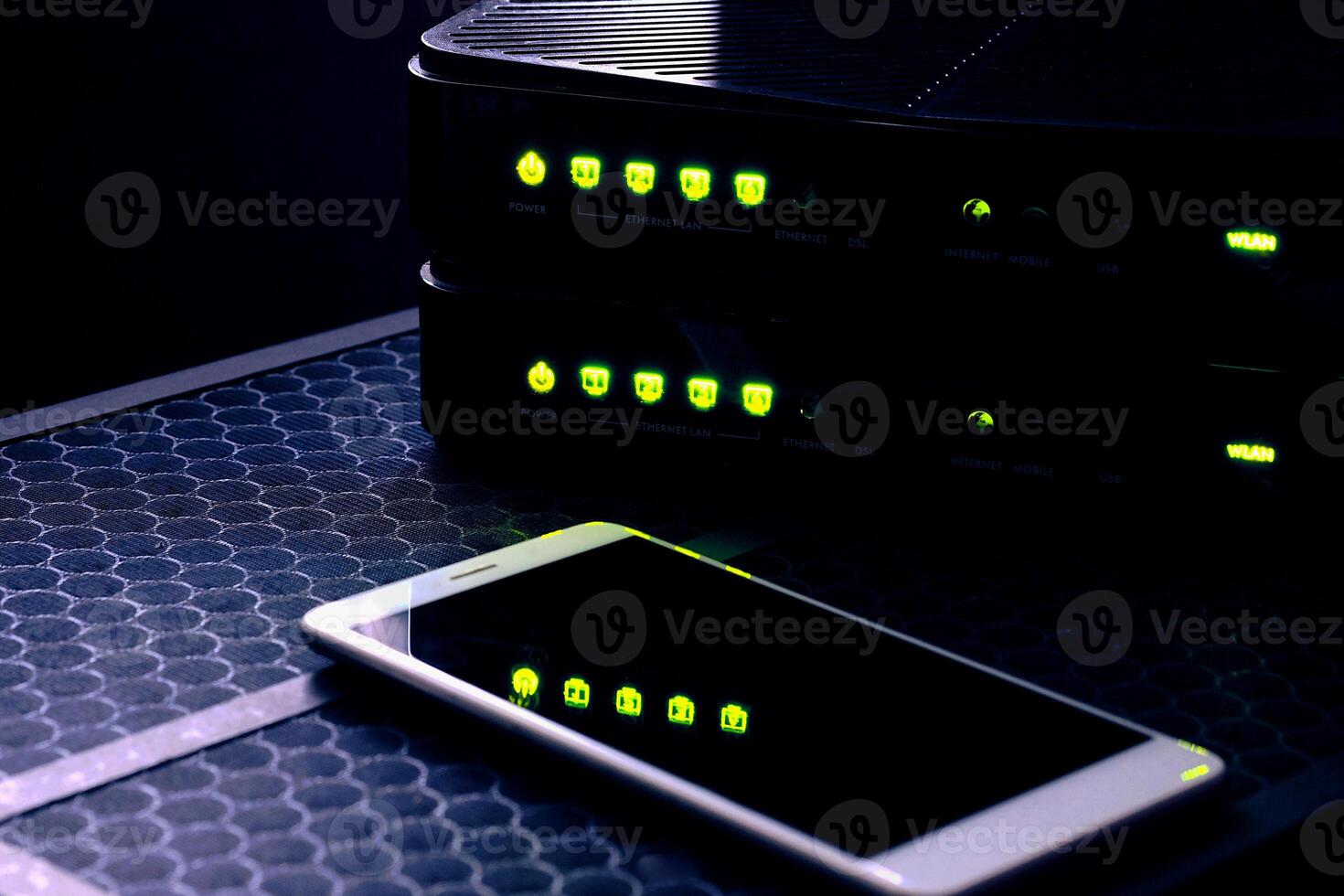 Wireless Router and Smartphone Reflection with WIFI Connection photo