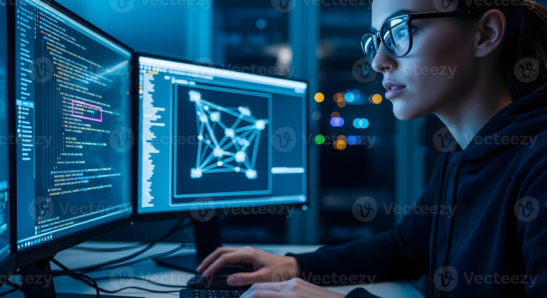 Female programmer coding on multiple computer screens photo