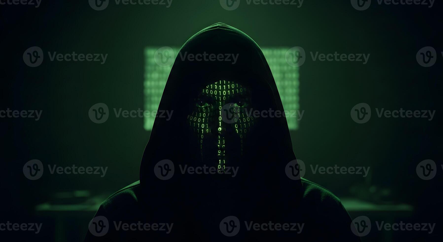 Anonymous hacker with binary code on faces photo