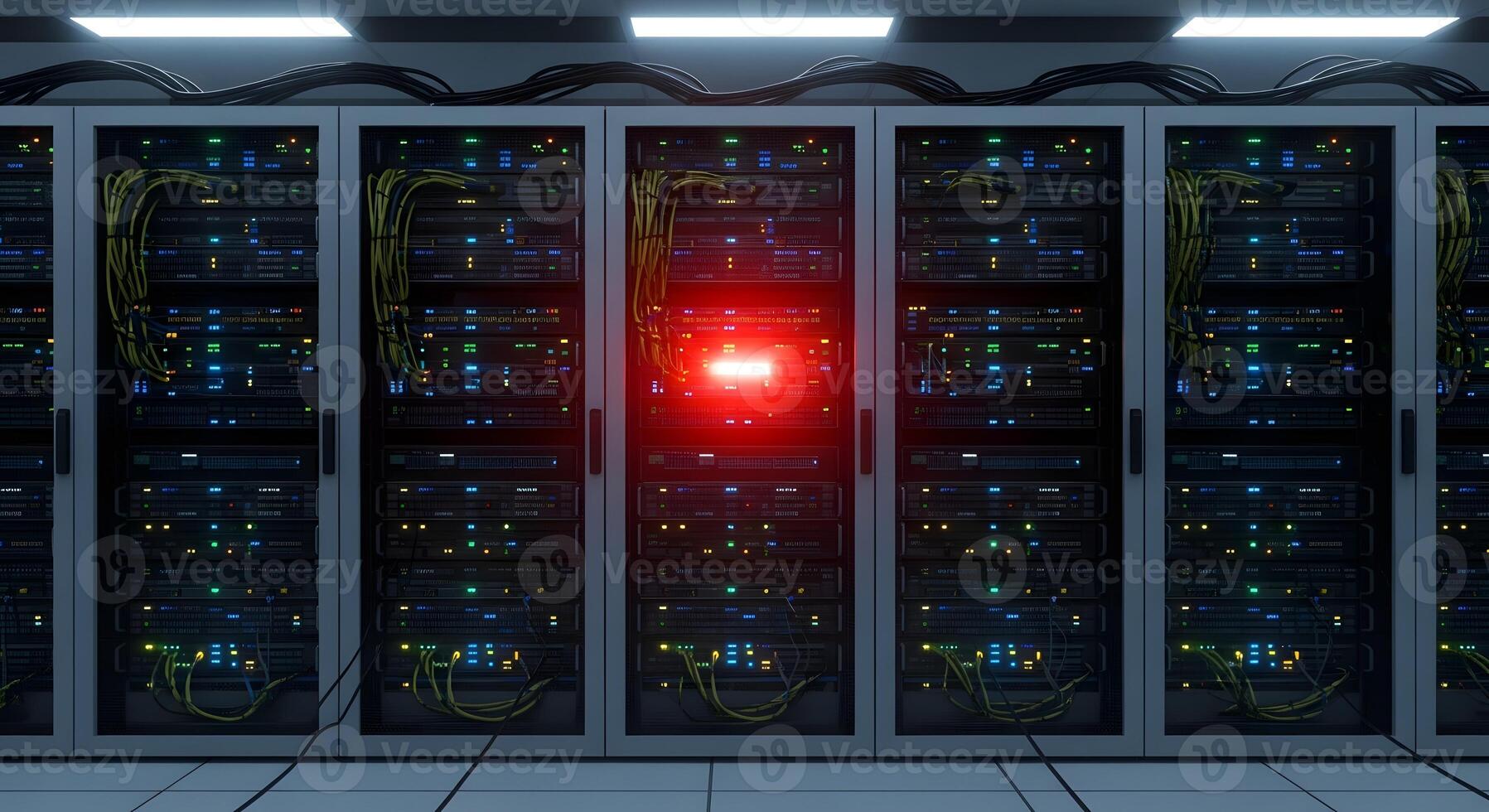 Server rack with a red warning light in a data center photo