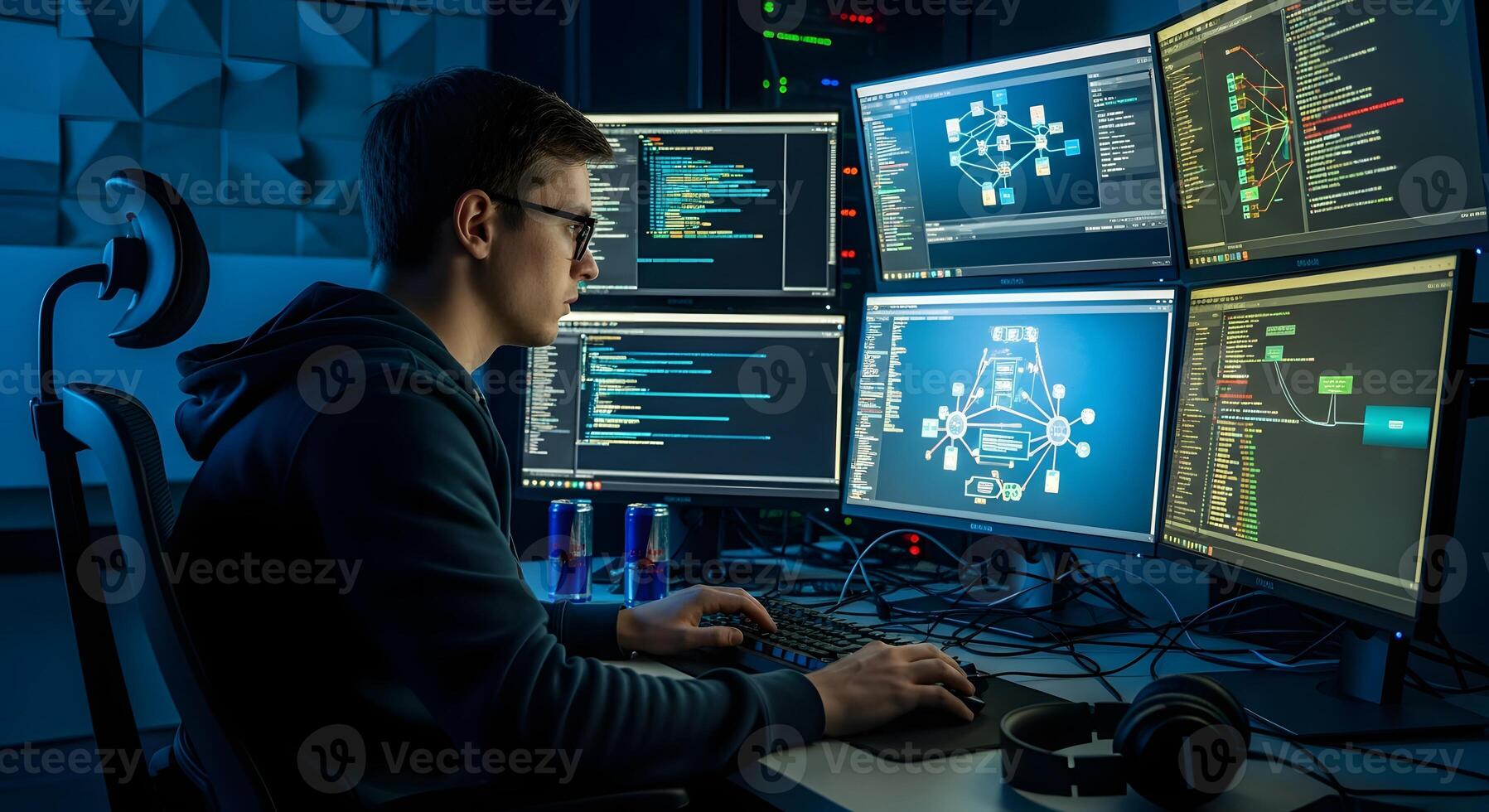 Programmer working in a multi monitor command center photo
