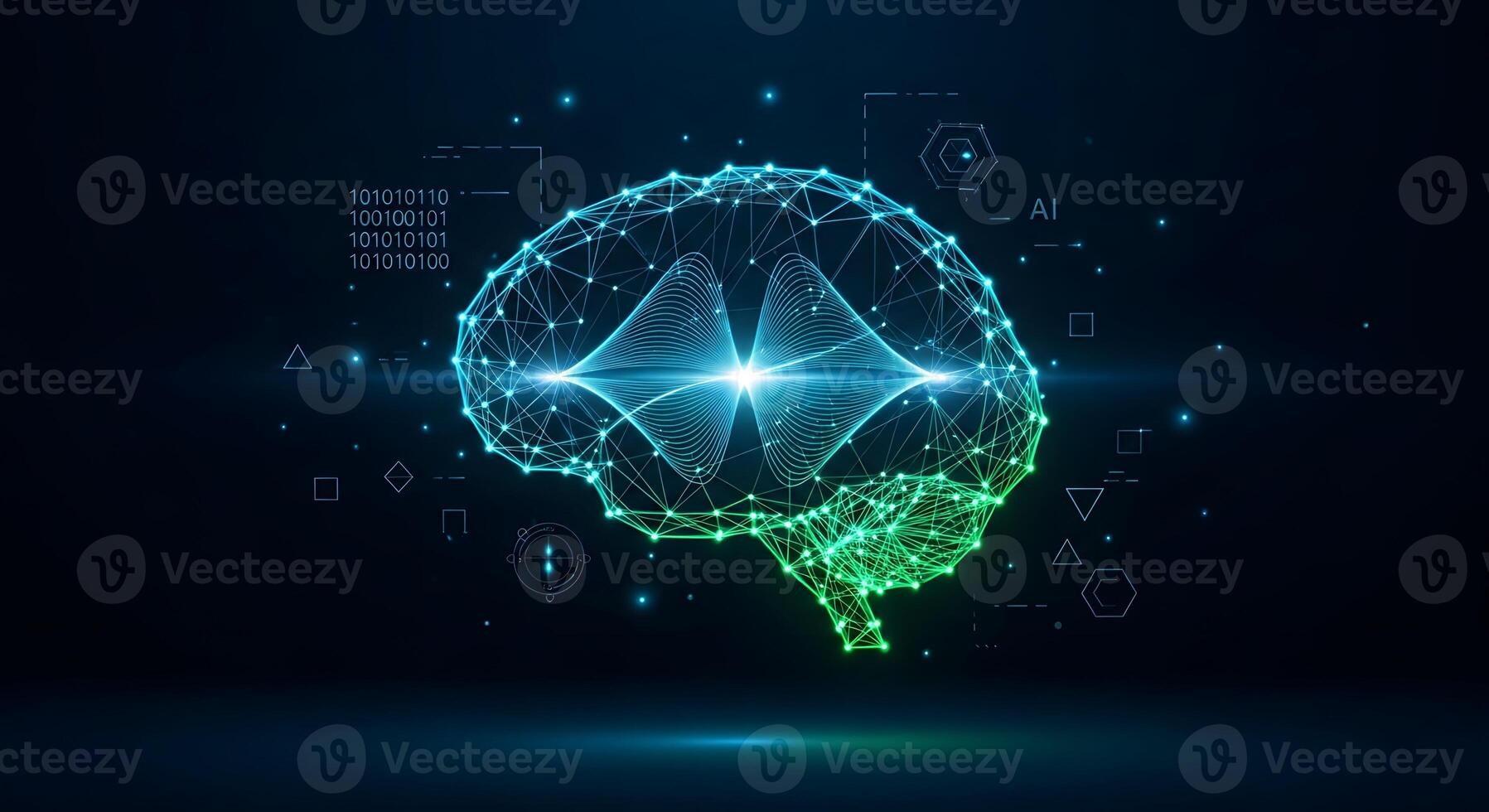 Digital brain with glowing plexus and waveform photo