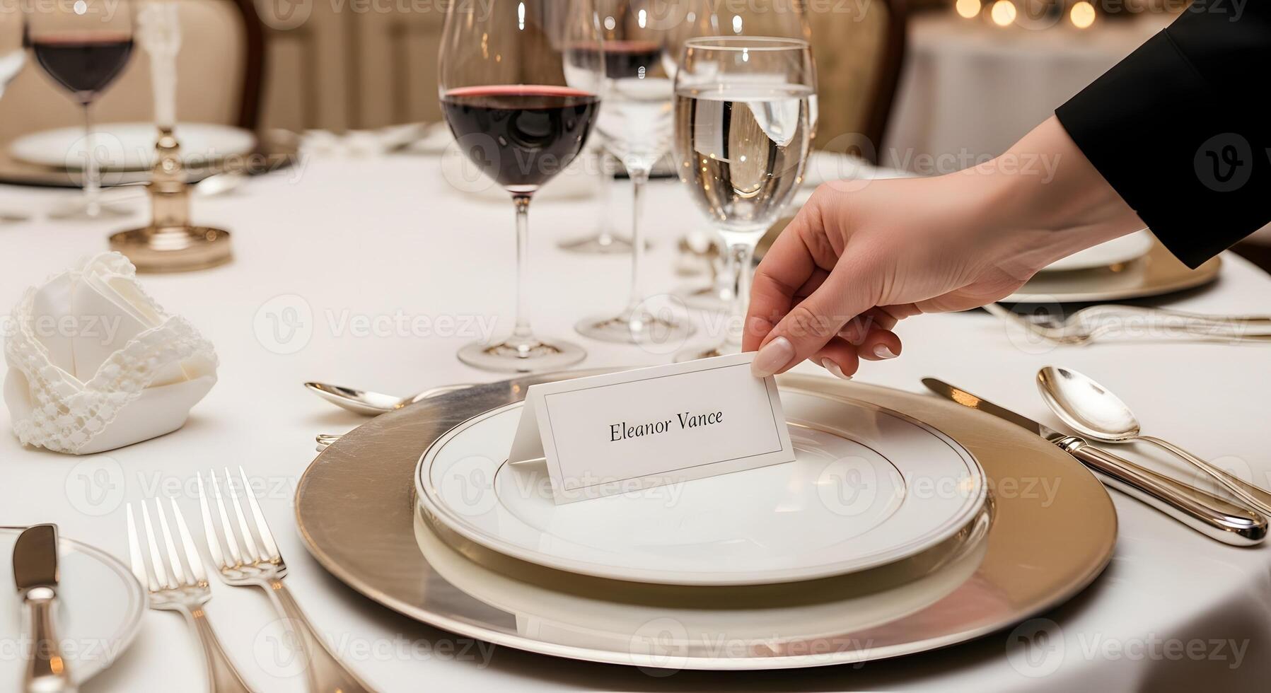 Placing a name card on a formal table setting photo