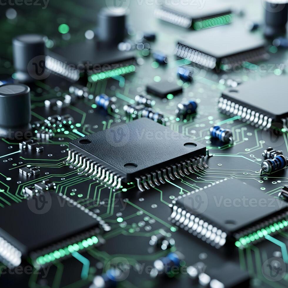 Macro closeup showcasing an intricate microscopic configuration of circuit components with luminous textures, subtle gradients, and crisp futuristic lighting in a technological spectacle photo