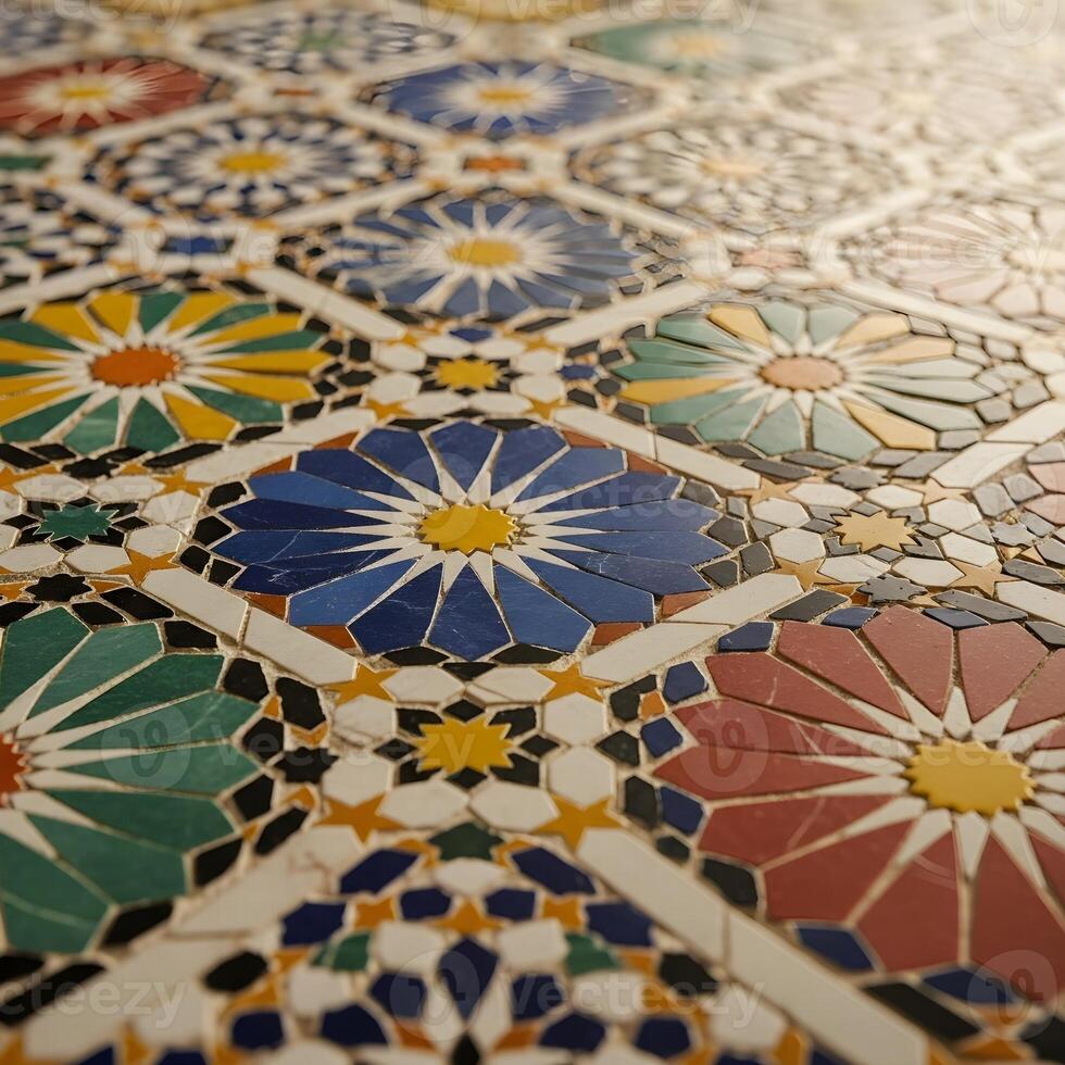 Exquisite Tessellated Mosaic A Close-Up Journey Through Vibrant, Vivid Geometric Patterns, Refined Textures, and Harmonious Symmetry in Soft Illuminating Light photo