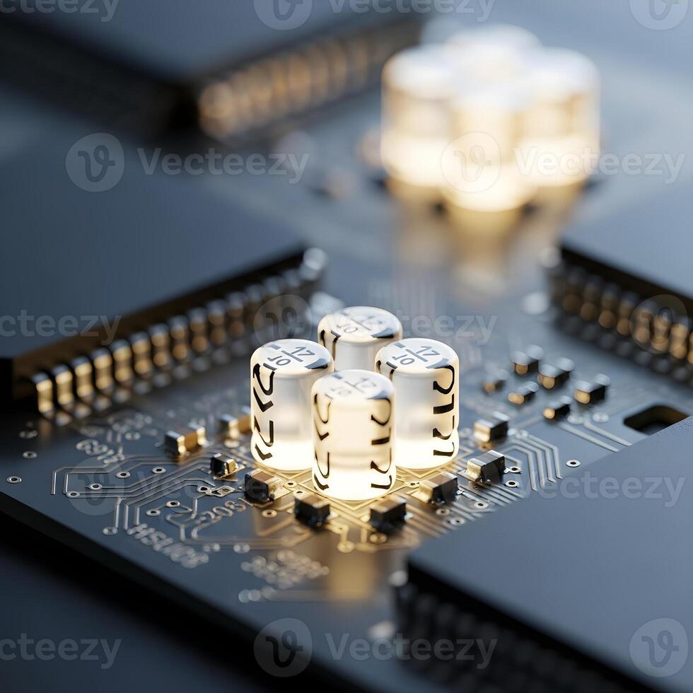 Macro Immersion Analyzer Chips with Glowing Capacitors and Refined Textures Showcase Minimalist, Upscale Technologic Artistry in Intricate Abstract Circuitry Details photo