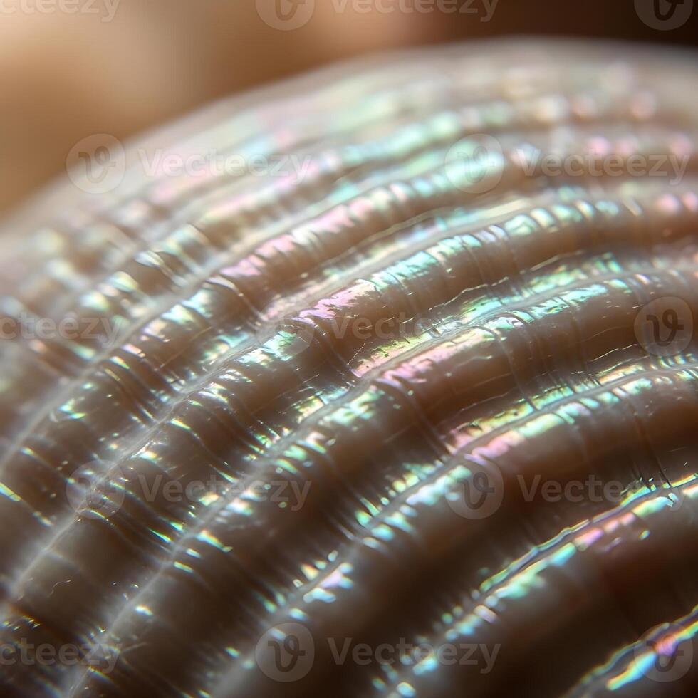 Delicate Macro Portrait of Iridescent Seashell Nacreous Textures, Reflecting Light in a Dreamlike Mosaic with a Soft Bokeh Background photo