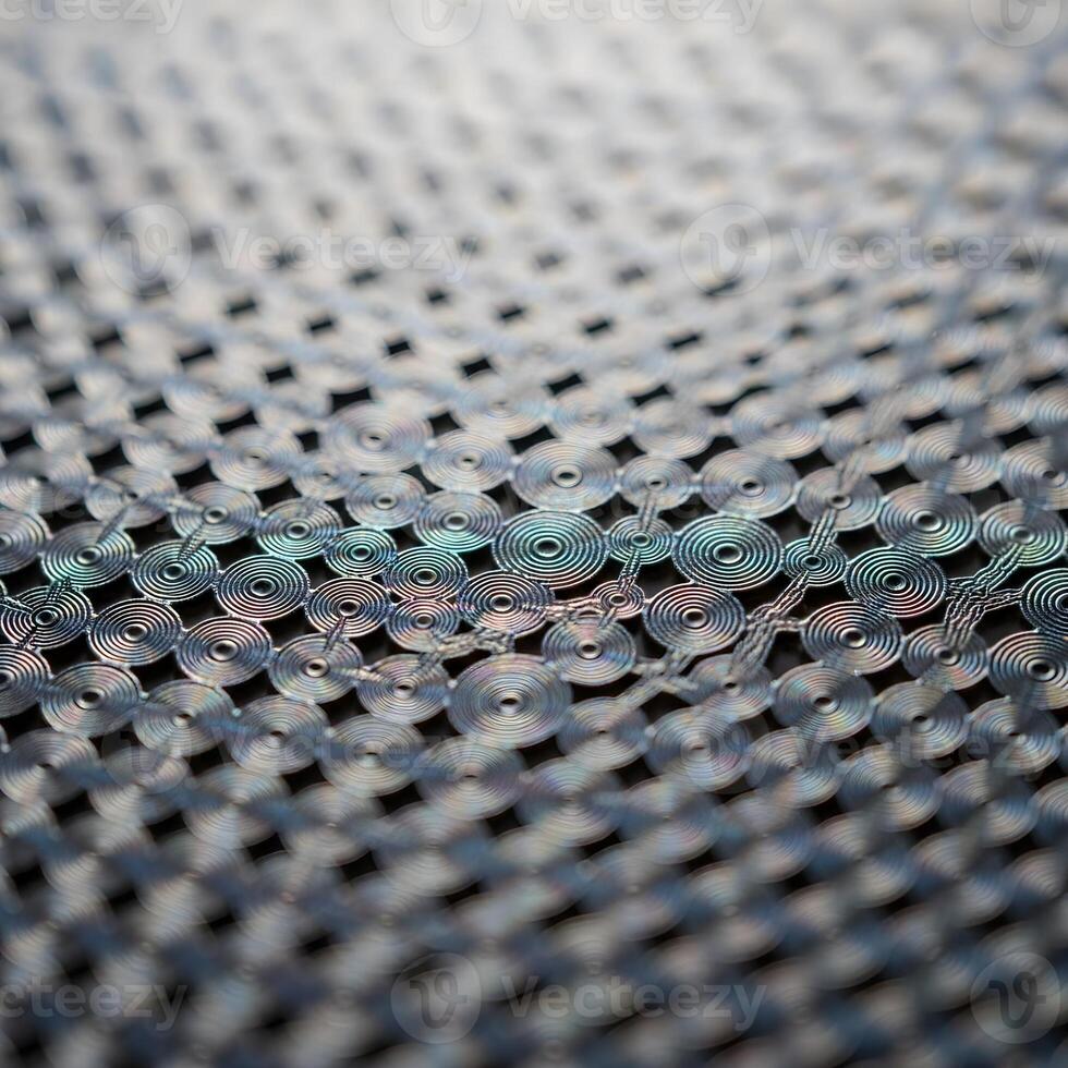 Captivating Macro View of Metallic Nanostructures Exquisitely Detailed, Intricate Patterns Illuminated by Soft Ambient Light with Gently Blurred Dreamlike Backgrounds photo