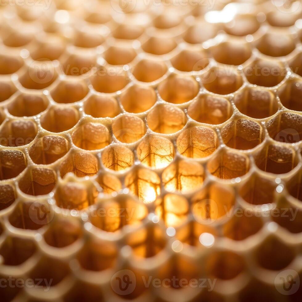 Macro Perspective on Luminous Honeycomb Patterns Reflecting Soft Warm Light An Exploration of Intricate Textures in a Gently Blurred Frame. photo