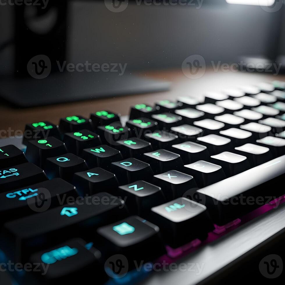 Refined Macro Perspective Vibrant Keystrokes, Tactile Textures, and Subtle Reflections of a Modern Keyboard in a Minimalist Upscale Workspace photo