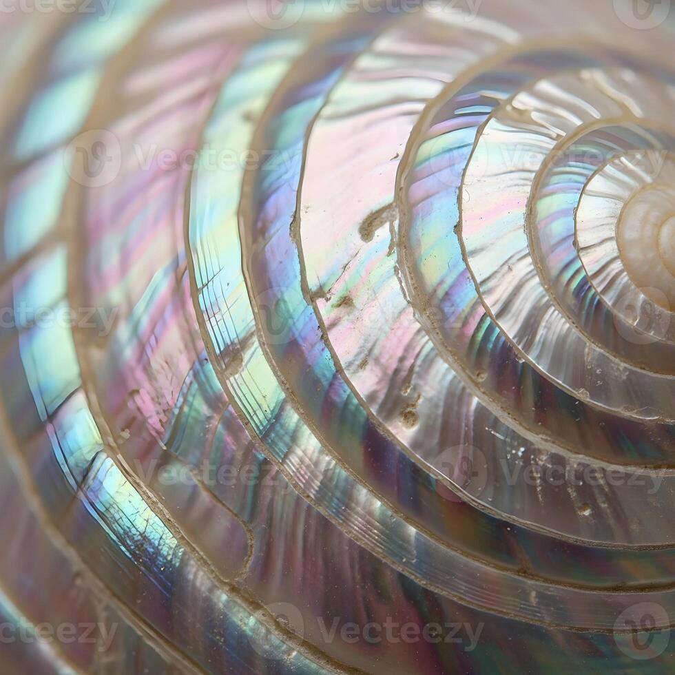 Intricate macro close-up of iridescent nacre, showcasing subtle shimmering colors and exquisite, elegant natural mollusk shell texture in pure detail. photo