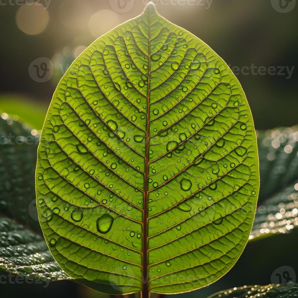 Intricate Macro Photography of a Dew-Kissed Kratom Leaf Capturing Vibrant Textures, Delicate Natural Patterns, and Organic Simplicity in Soft Light photo