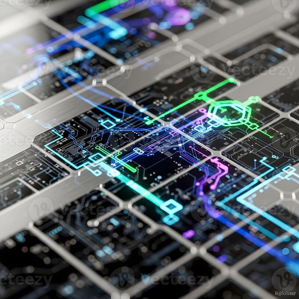 Glimmering Holographic Macro A Vibrant Cascade of Digital Light Patterns Dancing along Futuristic Textures in a High-Definition Hightech Visual Display photo