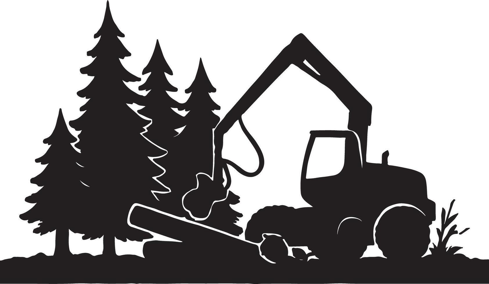 Silhouette of Logging Machine Cutting Trees in Forest Landscape Scene. Forestry Logging Operations vector