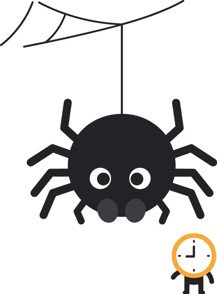 A cartoon spider hanging from a web with a clock vector