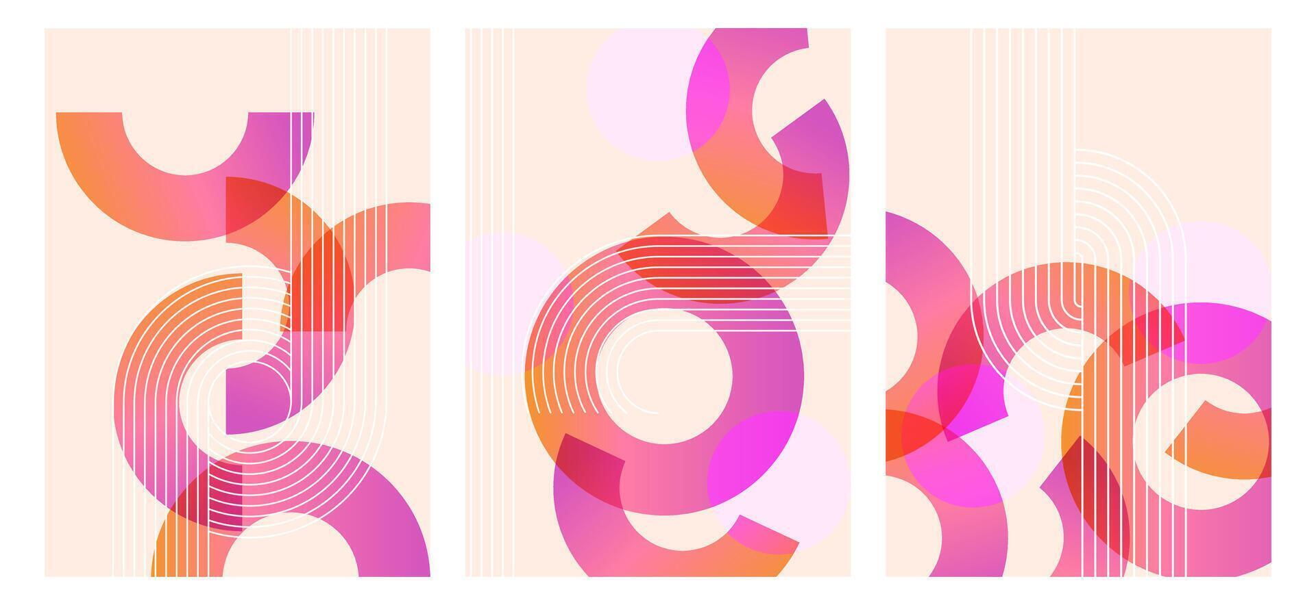 A set of geometric abstract backgrounds with overlapping circular shapes and gradients. Minimalistic modern poster templates with linear shapes and gradient elements. vector