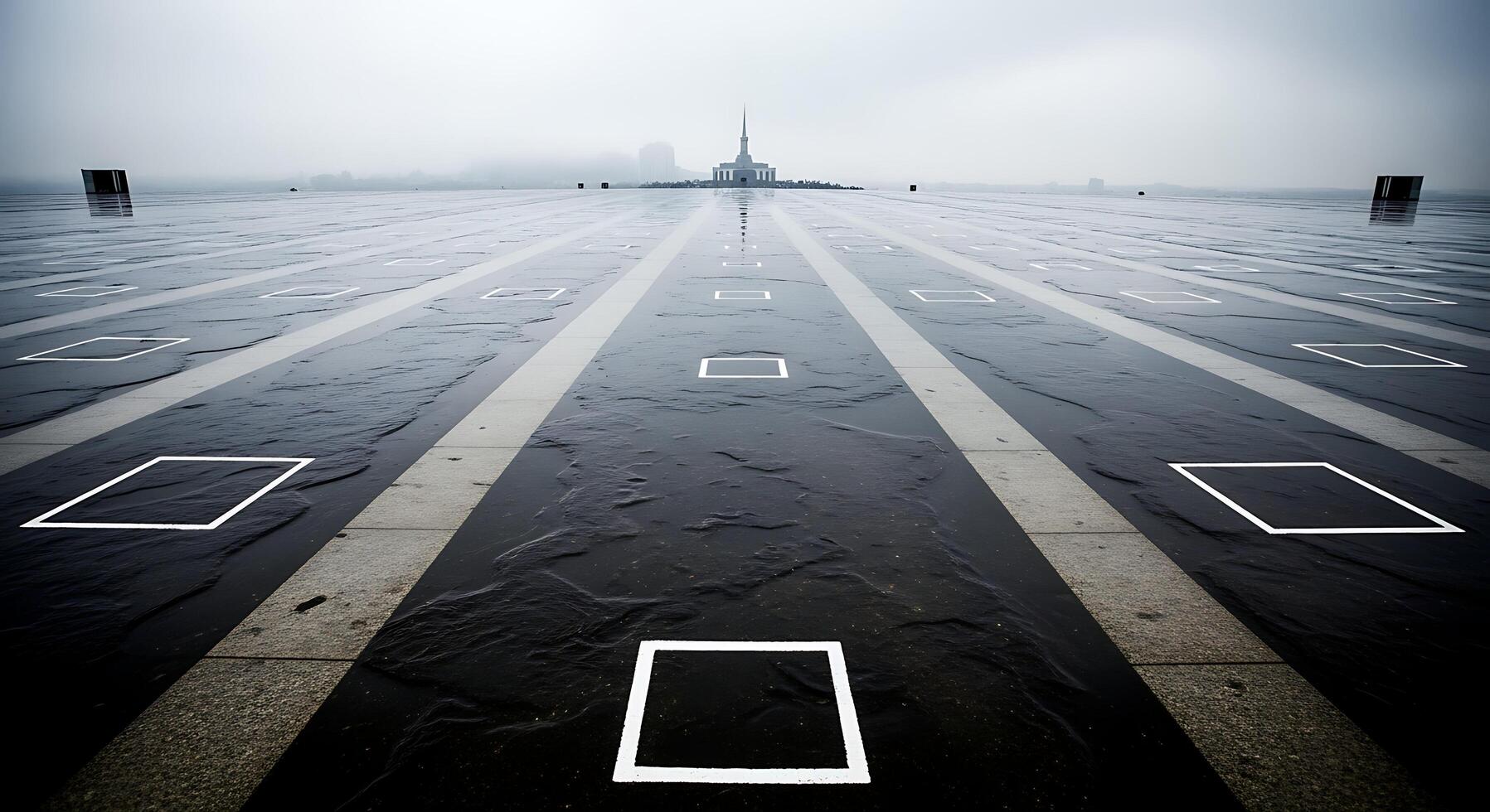 Wet Pavement with White Lines and Square Shapes, Modern Architecture, wide angle photo