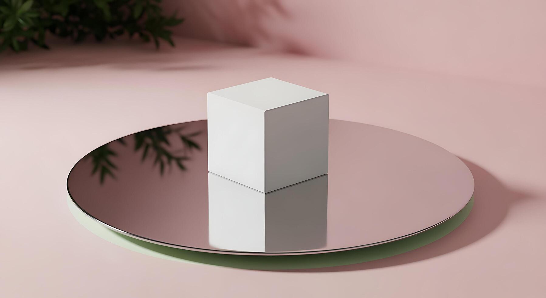 Minimalist Cube Display on Mirror with Shadow, Pink Background, style photo