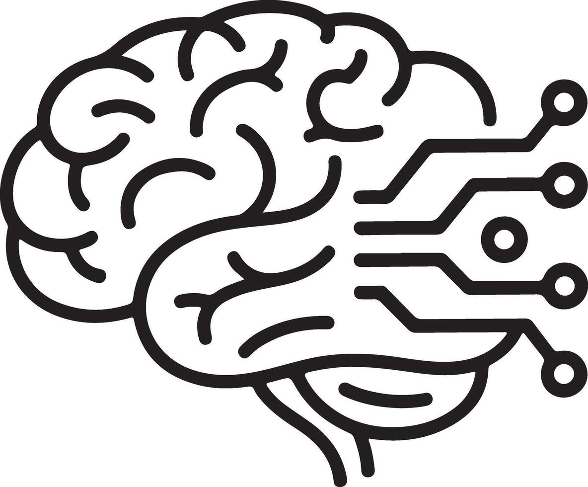 Stylized outline of a human brain with integrated digital circuit connections representing artificial intelligence vector